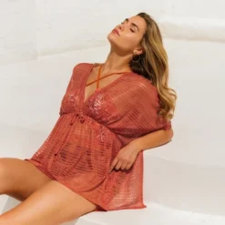 Women's Striped Mesh Drawstring Cover-Up Dress - Cupshe